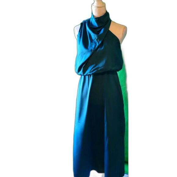 CALEBGAR Lake Blue Satin Dress Mock Neck Elastic Waist Maxi Dress Sz M - Picture 5 of 8